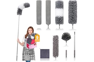 DEEHYO Microfiber Duster for Cleaning Fan, High Ceiling, Blinds, Furniture, Cars , 9PCS Extendable Feather Duster (Stainless Steel) 30 to 100 Inches, Reusable Bendable Washable