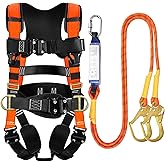 TRSMIMA Safety Harness Fall Protection - Harness Kit for Men Construction | Fall Arrest Roofing Harness Kit Men Full Body Harness with Lanyard for Work Upgrade 4 Quick Buckles Orange