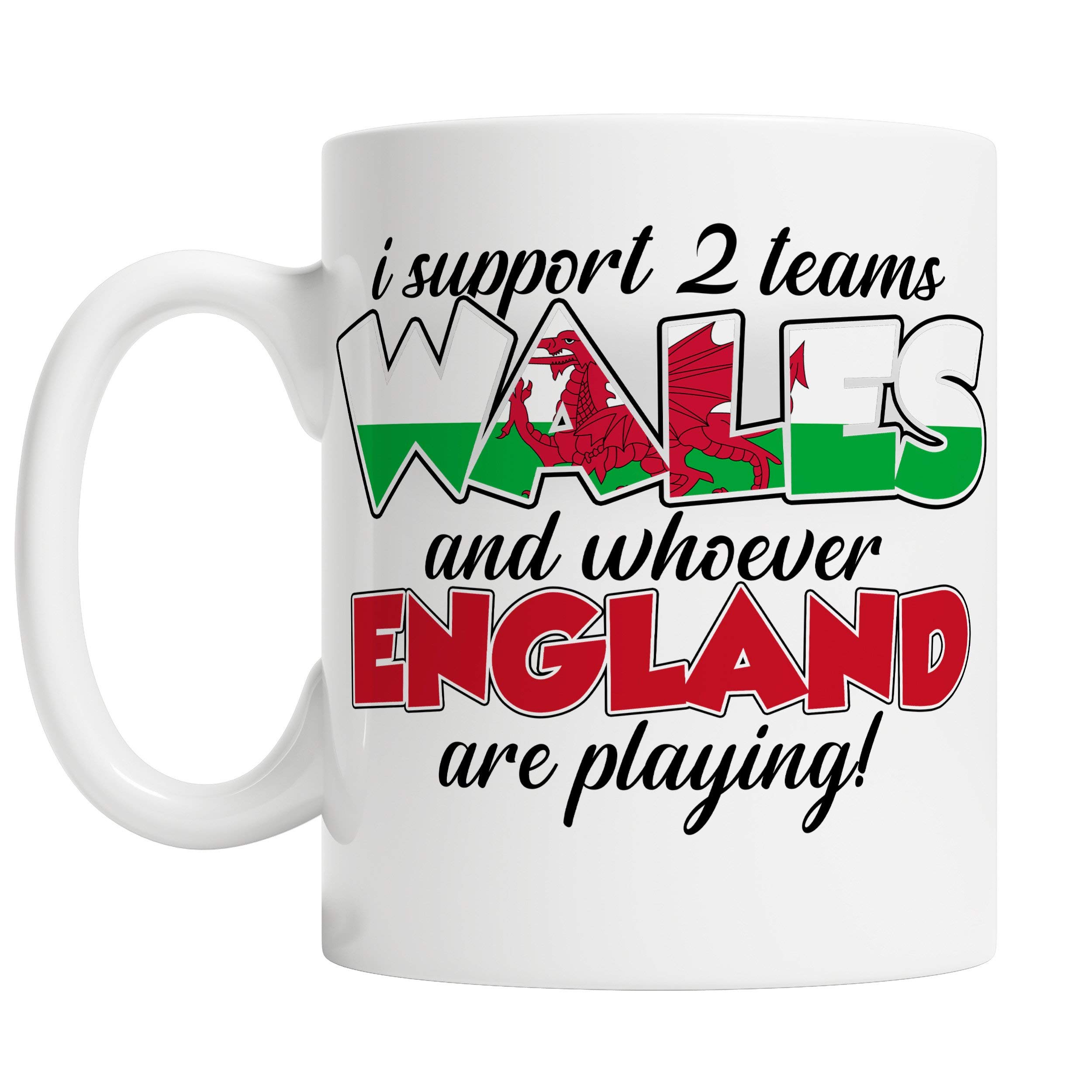 FunkyShirt Wales Rugby Supporters Mug - Funny 2022 Welsh Rivalry England Coffee Cup - I Support 2 Teams Cymru Gift, White