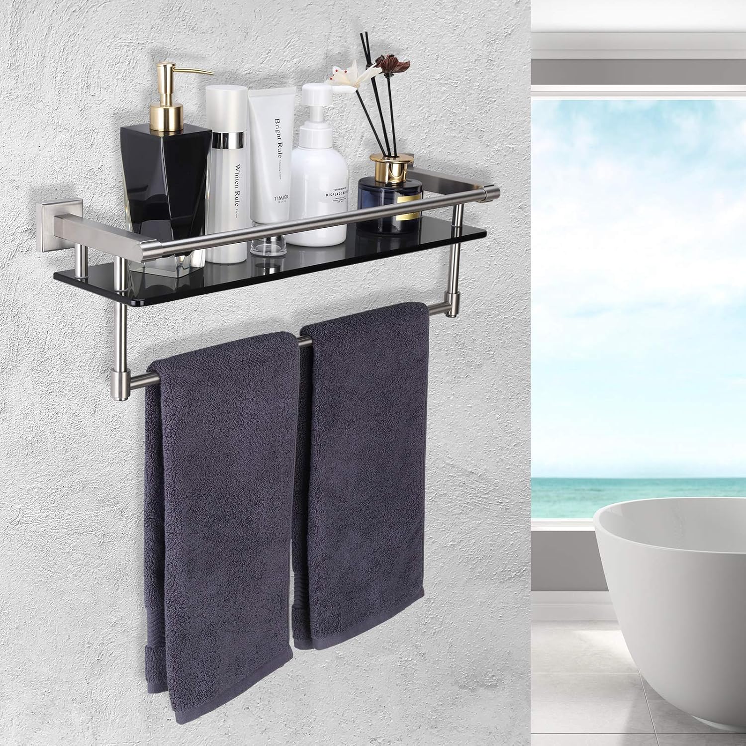 Bathroom Glass Shelf with Towel bar 20.8"x 5.9" Tempered Glass Shelf SUS 304 Stainless Steel Wall Mount (Brushed Nickel): Kitchen & Dining