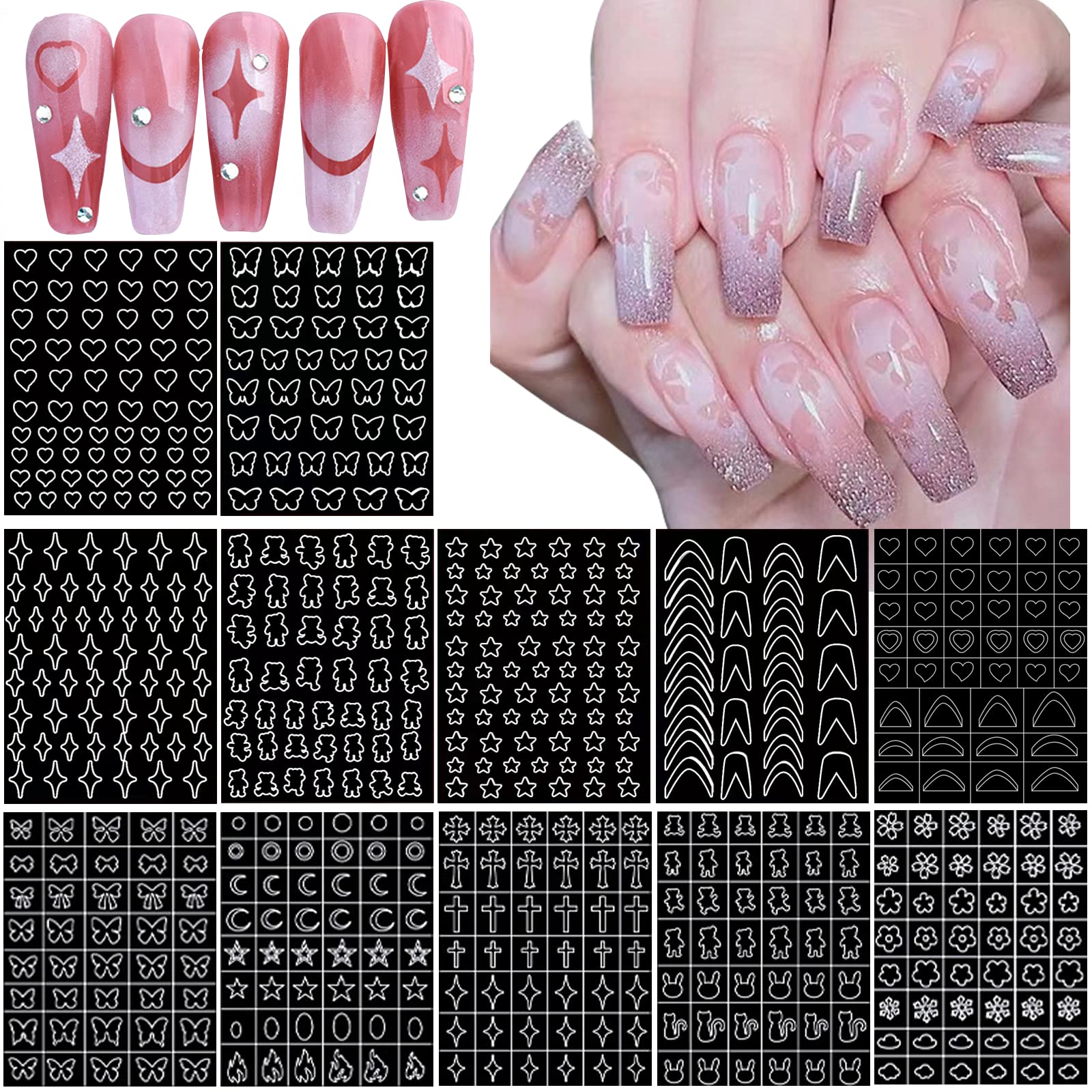12 Sheets Airbrush Nail Stickers Nail Stencils,HOINCO Butterfly Flower Moon Star Heart Cross French Nail Decals Printing Template Stencil Tool DIY Nail Art Decorations