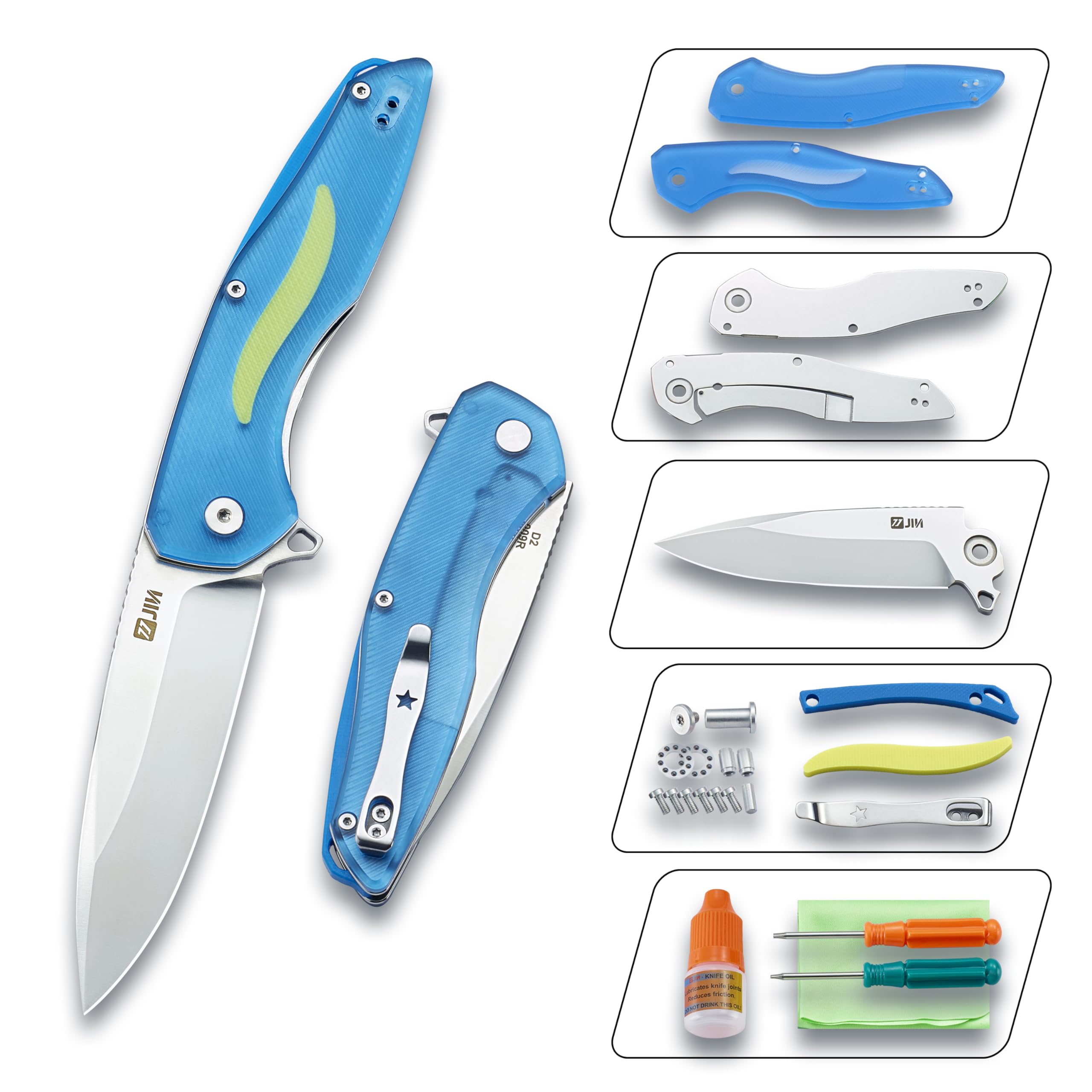 Photo 1 of JIN Pocket Knife Kit for Men, Folding Knives, Captain EDC Knife with Clip, Sharp 3.5" D2 Blade, Acrylic Handle, DIY Kit, Gift Idea, Camping, Hiking
