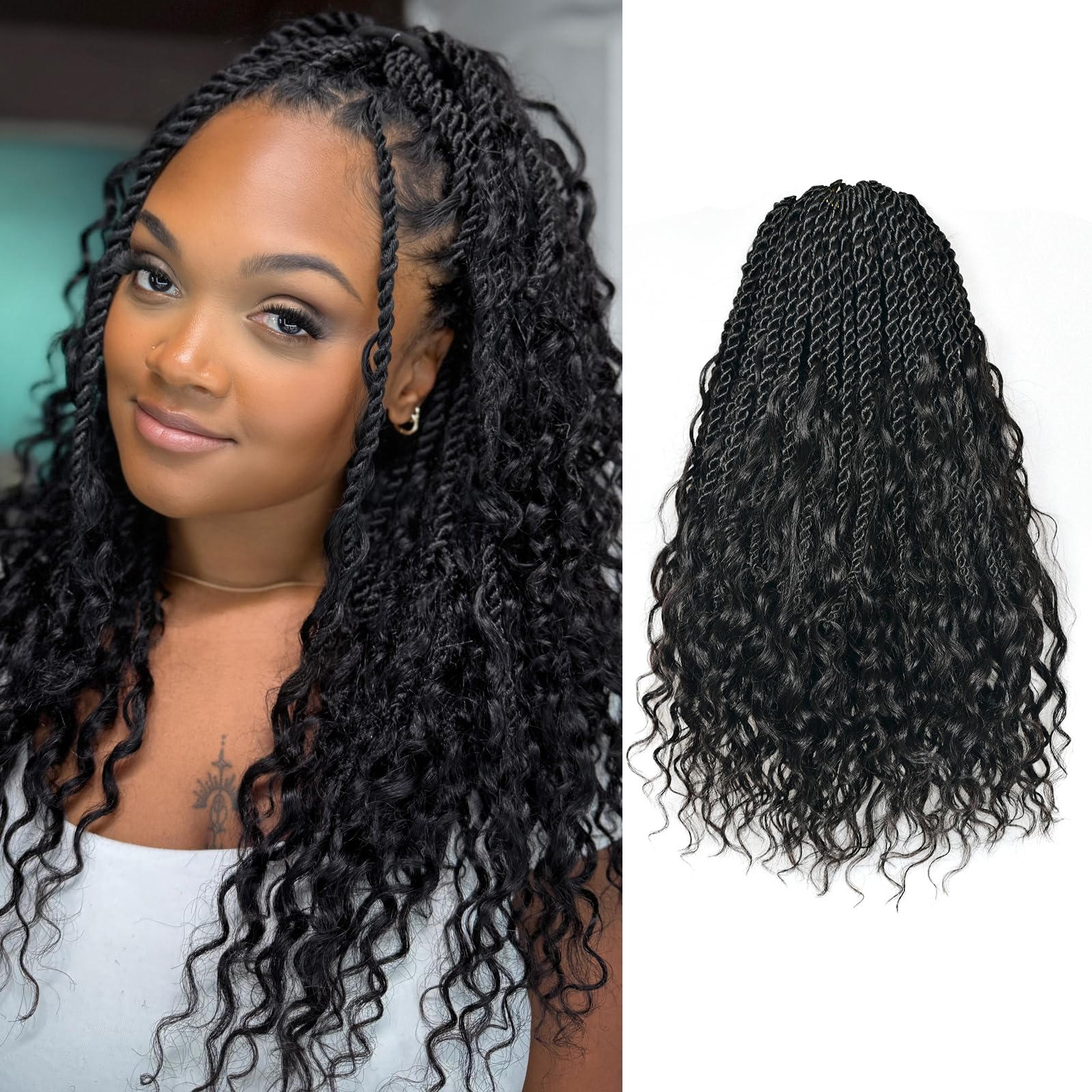 Photo 1 of ToyoTress Boho Island Twist Human Hair Curls - 14 Inch 8 Packs Human Hair Boho Mini Twist Pre-looped Crochet Braids Natural Black Braiding Hair Extensions (14 Inch, 1B-8P)