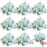Zeyune 8 Pcs Artificial Flowers Bouquet Fake Silk Flowers Faux Bouquet Hydrangea Bouquets for Valentine's Day Wedding Birthday Party Table Centerpieces Home Office Decoration(Blue,Peony)