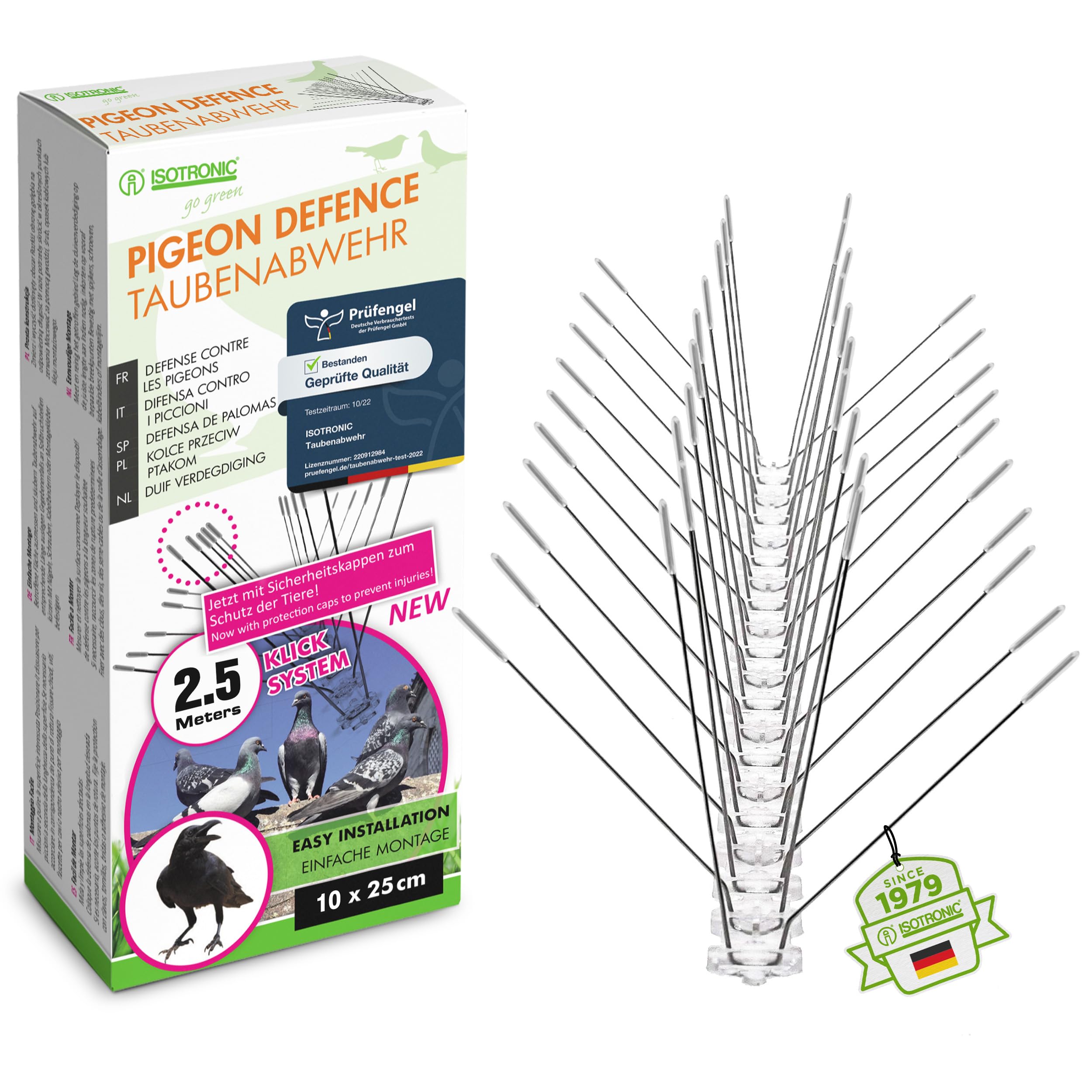 ISOTRONIC - effective protection against pigeons, other birds, martens, raccoons & cats - 250 cm bird scarer with spikes made of stainless steel - mounting on roofs, windows, ledges and much more