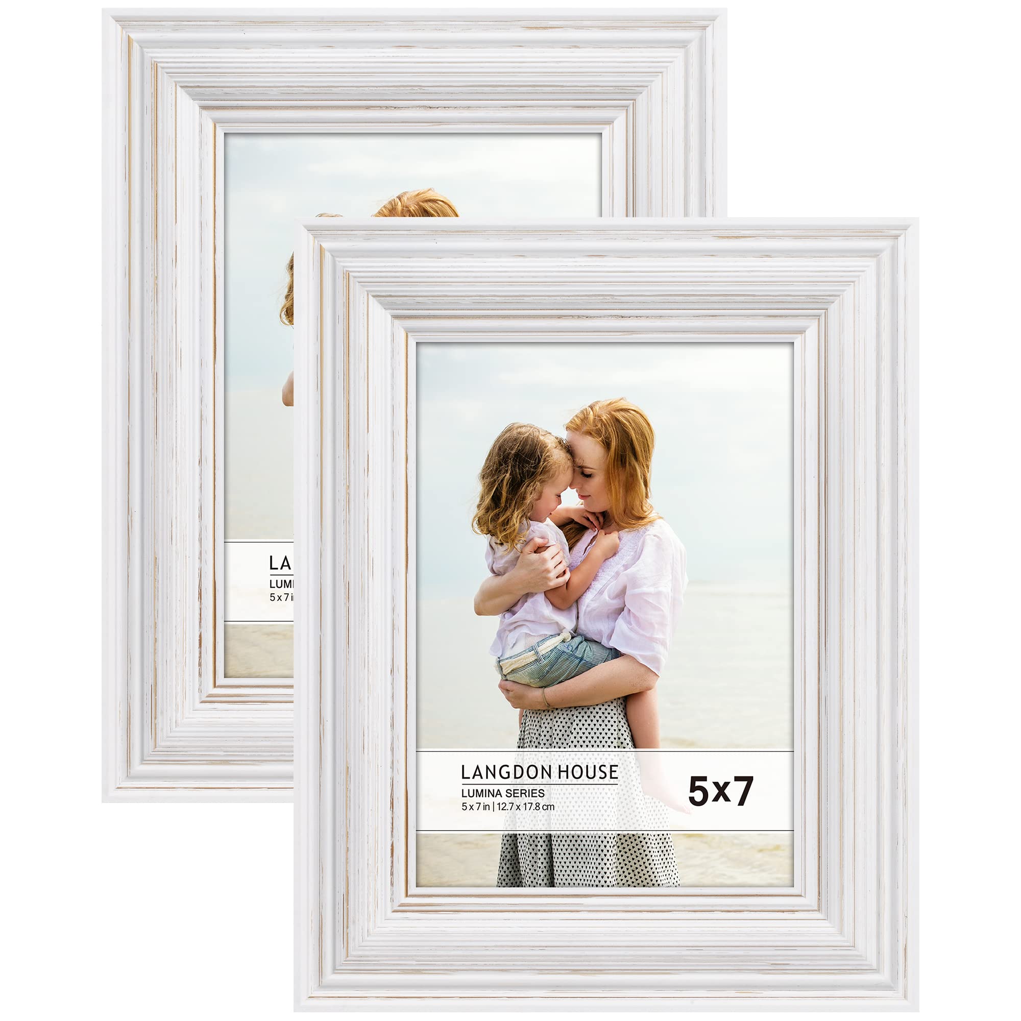 Langdon House - 7x5 Real Wood Picture Frames - Weathered White - Gold Accents, 2 Pack - French Country Style Wooden Photo Frame 7 x 5 - Lumina Collection
