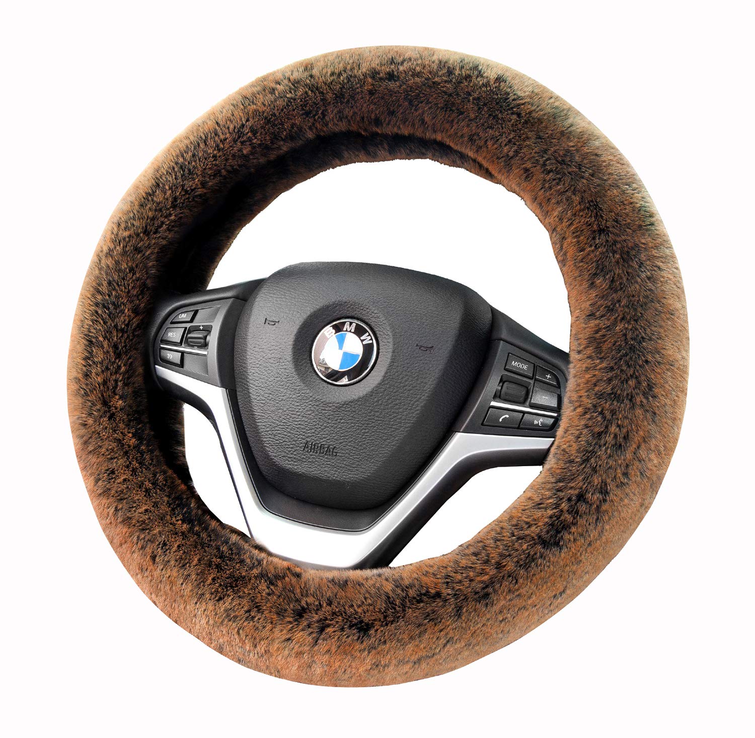 Steering Wheel Cover Winter Warm Faux Wool with Non Slip Rubber Inner Ring Universal 15 Inch for Auto Car SUV (Long Plush, Brown)