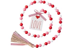 2ooya Valentine's Day Wood Beads Garland 41.2 Inch Rustic Red Pink Wood Bead with Jute Rope Plaid LOVE Tag Farmhouse Wood Beads Tiered Tray Décor for Proposal Wedding Party