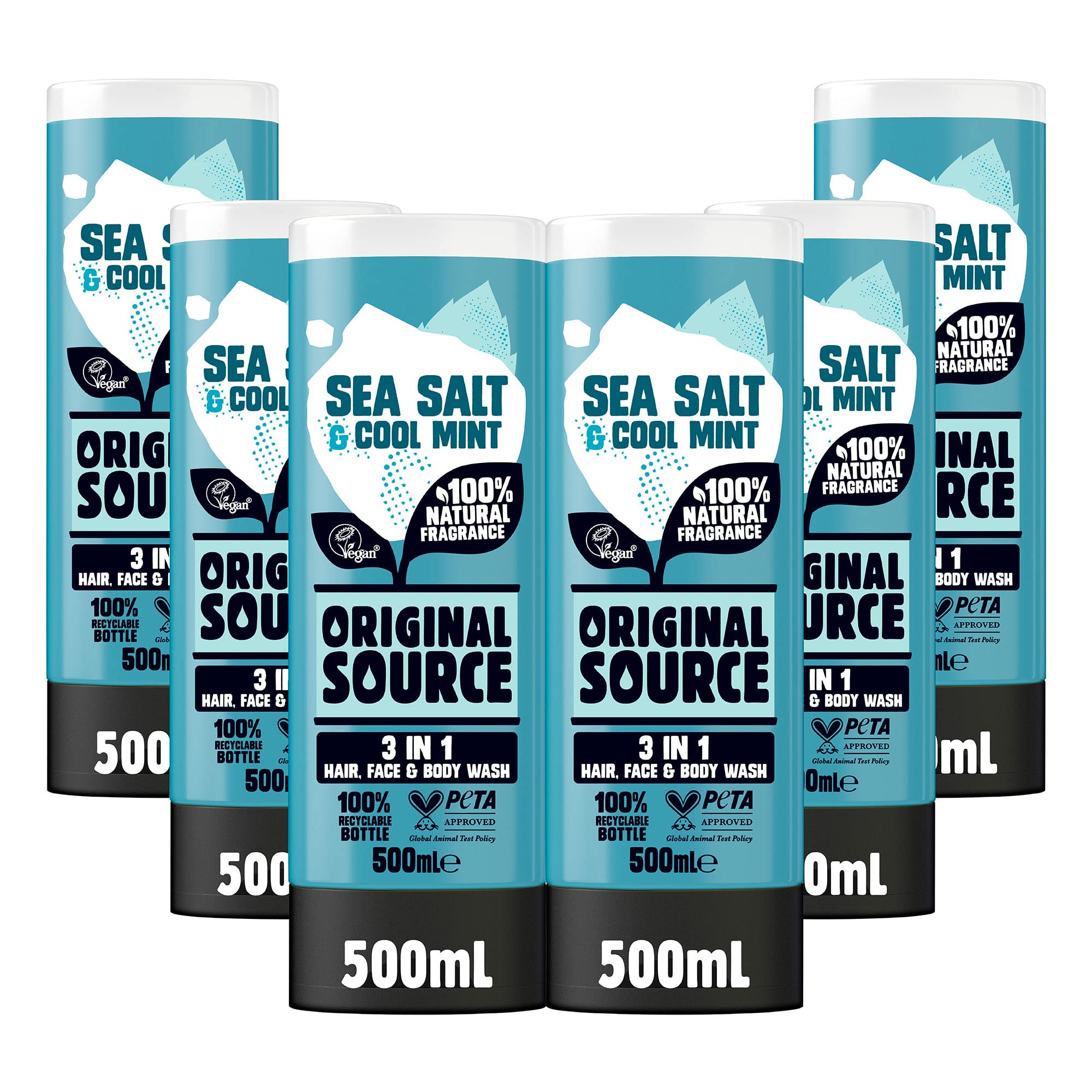 Original Source Mens 3in1 Sea Salt & Cool Mint Shower Gel, 100 Percent Natural Fragrance, Vegan, Cruelty Free, Paraben Free, Bulk Buy, Pack of 6 x 500 ml