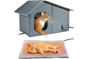 MEWTOGO Weatherproof Heated Cat Houses for Outdoor Cats - Insulated Cat Shelter for Winter with Thermostatic Heating Pad and Escape Door, Warm Outside Pet House Gift for 1-2 Feral Cats (Medium)