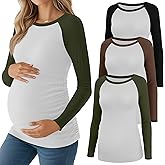 Neer 3 Pack Maternity Shirts Long Sleeve Ribbed Knit Cotton Color Block Baseball Tops Raglan Side Ruched Pregnancy Clothes