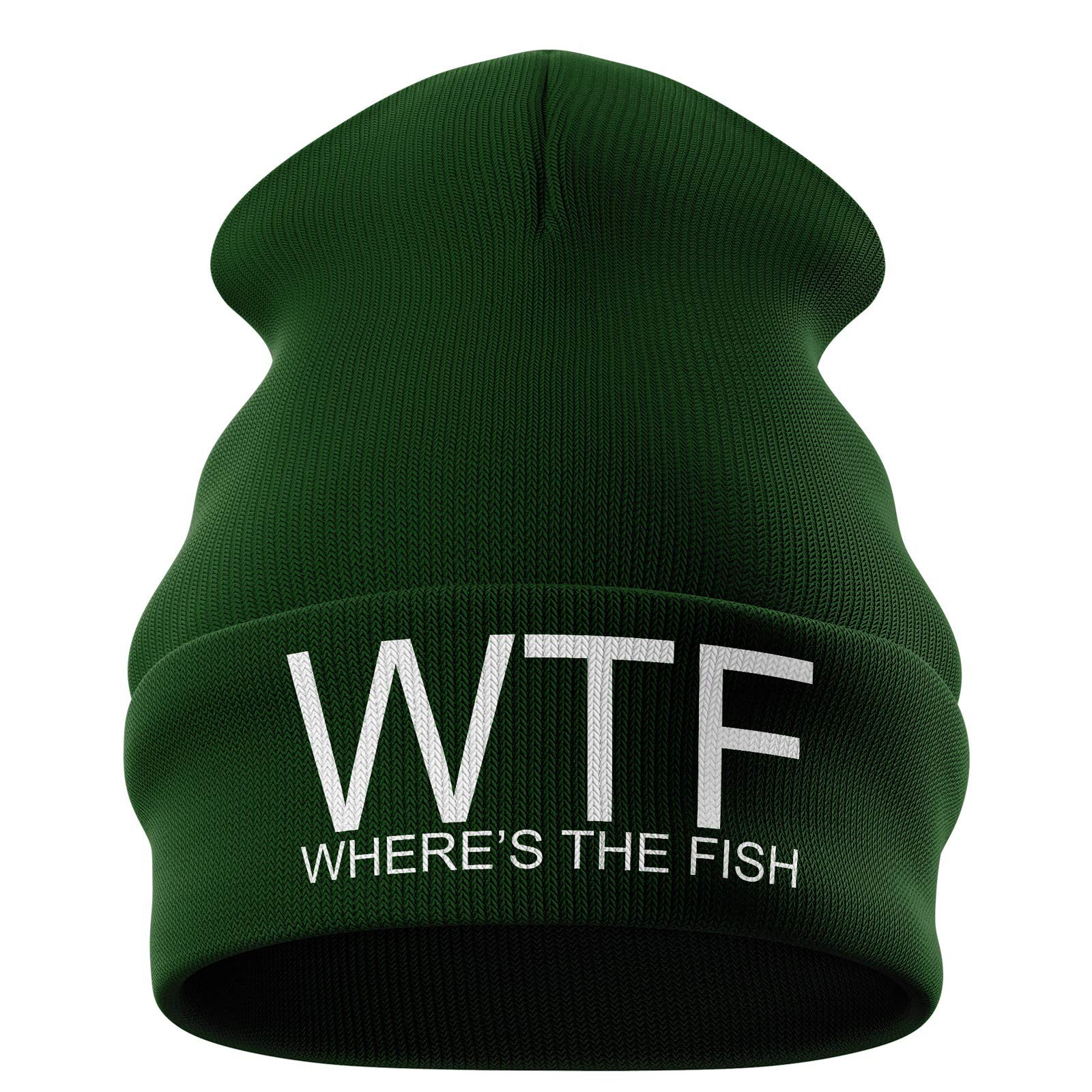 Fishing Gifts for Men - WTF Wheres The Fish Embroidered Carp Fishing Beanie Hat Mens (Bottle Green)