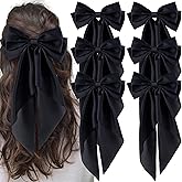 hisial 6Pcs Large Bows Hair Clips for Women Girls Long Tail Hair Ribbon Silky Satin Barrettes Coquette Hair Bows Accessories (Black)