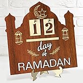 Wooden Ramadan Countdown Calendar, Interactive Ramadan Advent Calendar Dates Holder for Home Office, Islamic Desktop Mosque Eid Decor with Crescent Moon