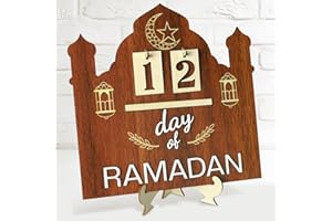 Wooden Ramadan Countdown Calendar, Interactive Ramadan Advent Calendar Dates Holder for Home Office, Islamic Desktop Mosque E