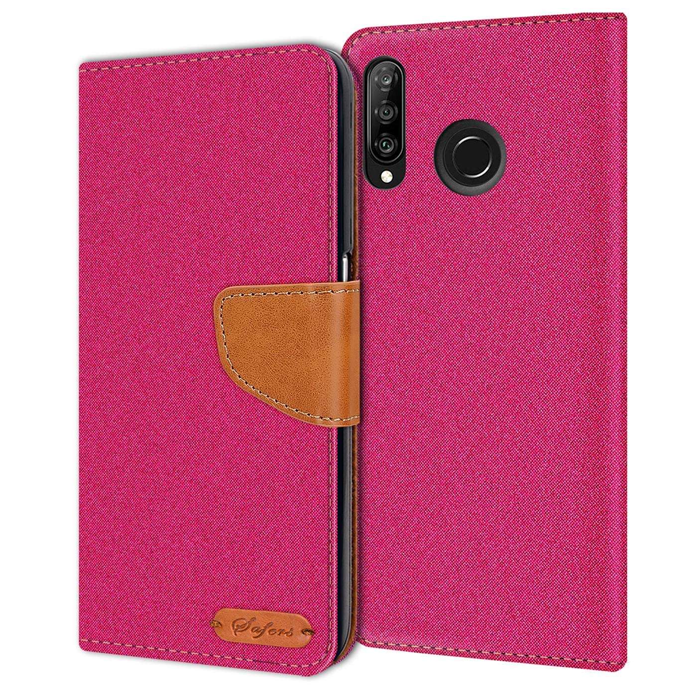 Verco Phone Wallet Case compatible with the Huawei P30 Lite, Canvas Faux Leather Book Cover for the P30 Lite Flip Case Bag Hinged - Pink