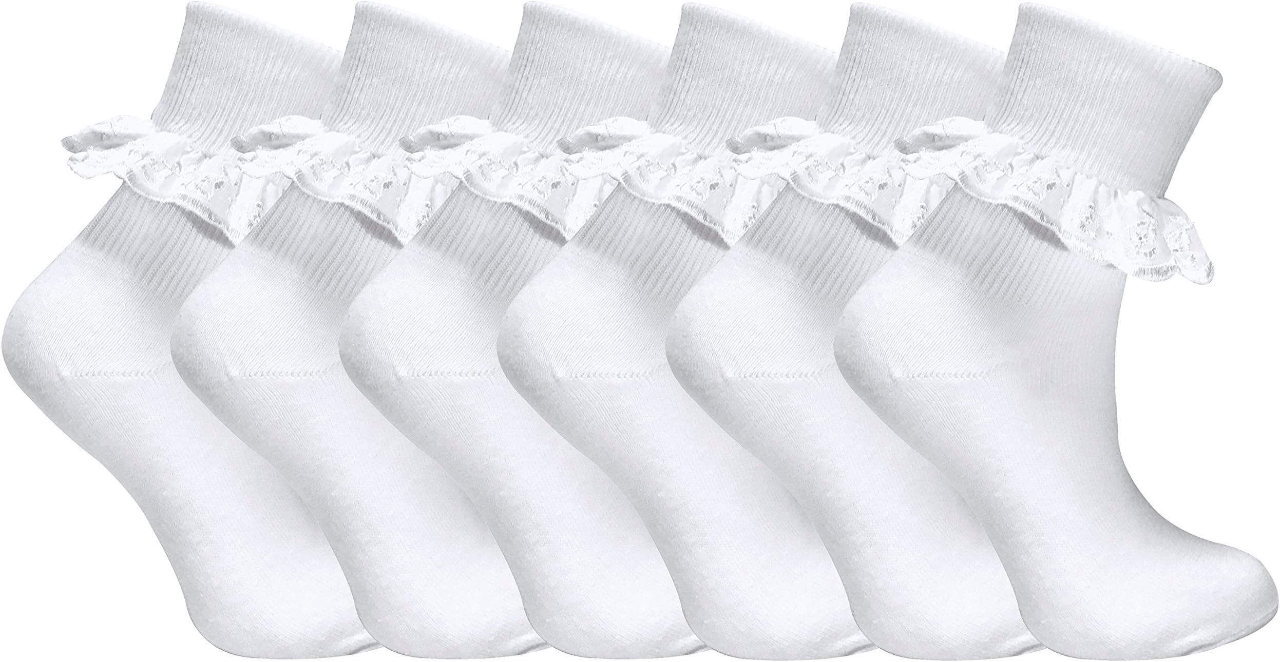 6 pairs of Girls Cotton Pretty white lace trim ankle socks