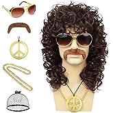 Wallden Hair 70s Mens Brown Wig+Glasses+Golden Chain+Peace Sign Necklace+Mustache+Wig Cap Long Curly Funny Synthetic Wigs for Retro Outfit Men Party Hippies Rocker Costume Cosplay Halloween（6pcs Set）