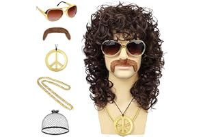 Wallden Hair 70s Mens Brown Wig+Glasses+Golden Chain+Peace Sign Necklace+Mustache+Wig Cap Long Curly Funny Synthetic Wigs for Retro Outfit Men Party Hippies Rocker Costume Cosplay Halloween（6pcs Set）