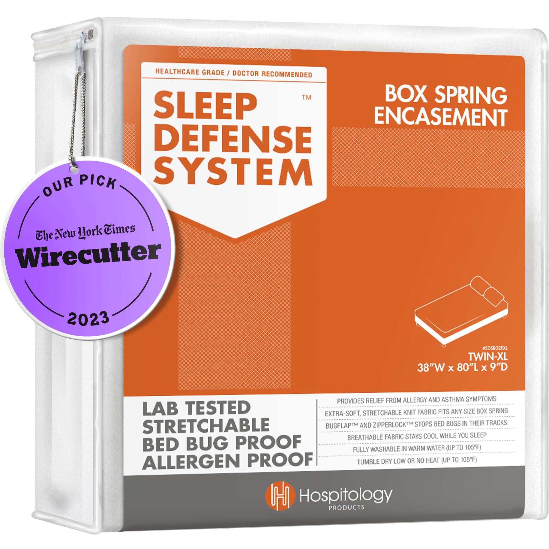 HOSPITOLOGY PRODUCTS Box Spring Encasement - Zippered Bed Bug Dust Mite Proof Hypoallergenic - Sleep Defense System - Twin XL –38" W x 80" L
