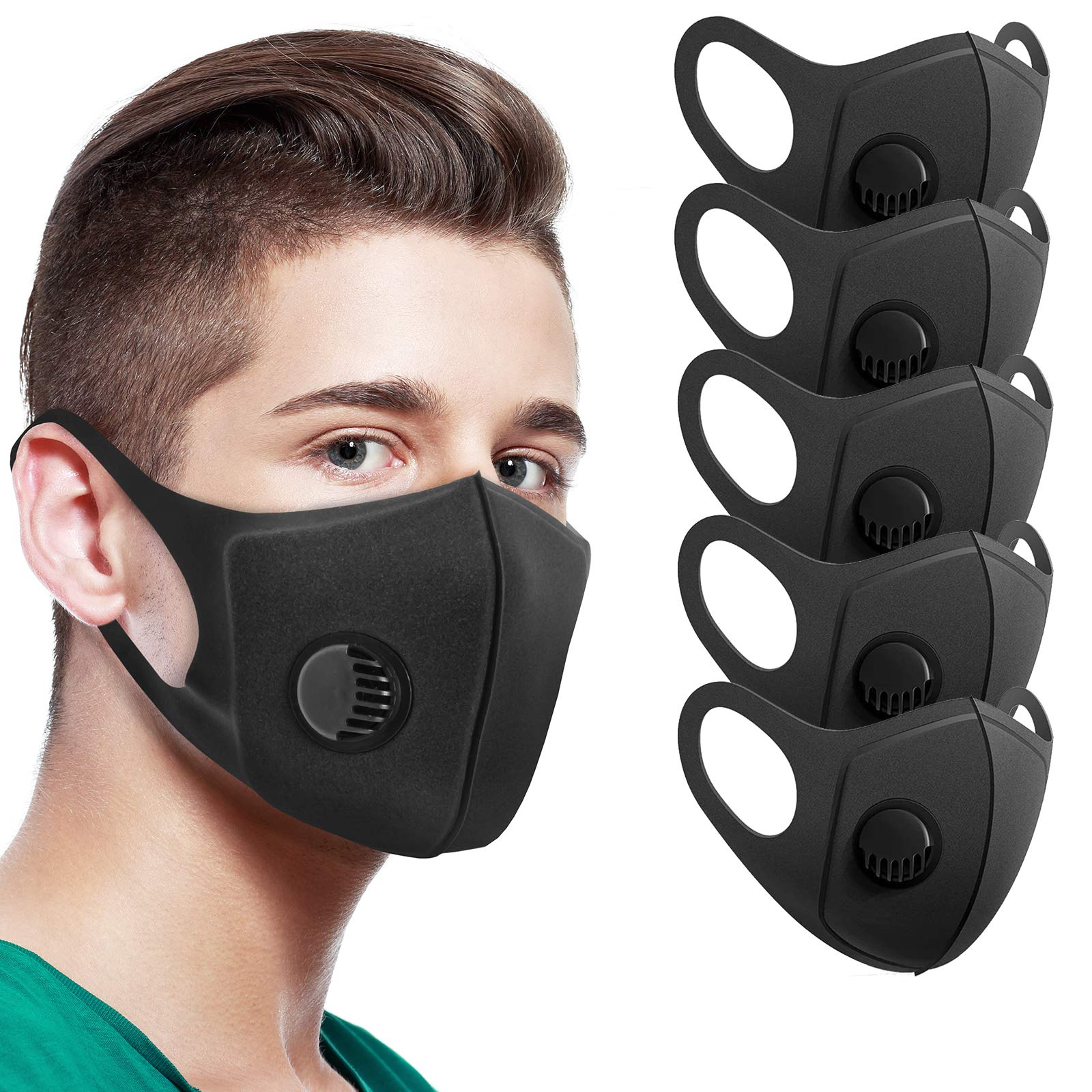 Tanness 5 PACK Black Face Mask - Reusable Breathable Cover Face Mouth Covering with Valve Filter