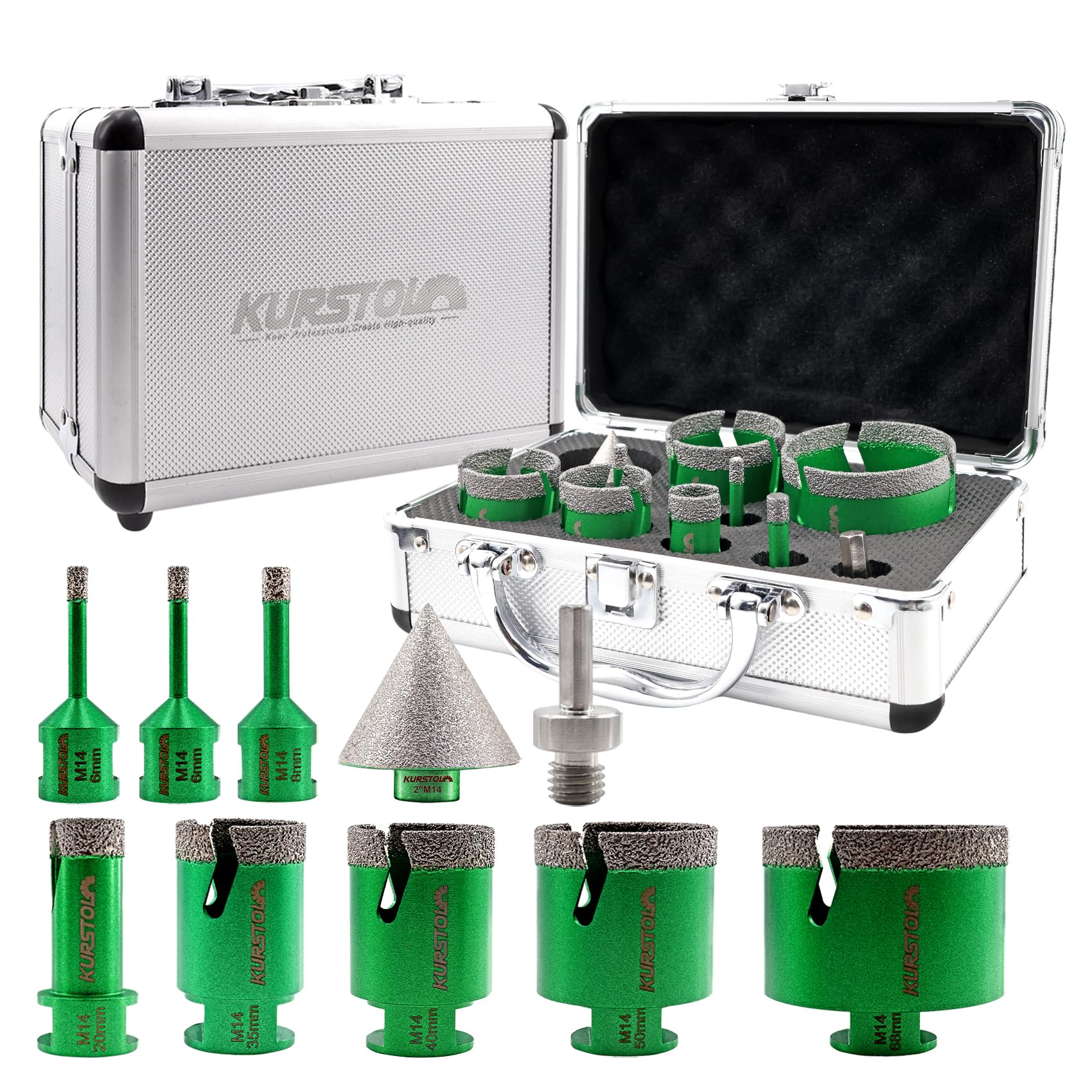 KURSTOL Tile Hole Saw Kit - Diamond Core Drill Bits 6/6/8/20/35/40/50/68MM+50MM Beveling Chamfer Bit+HEX Adapter for Porcelain Ceramic Tile Granite Marble