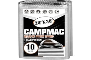 CAMPMAC Tarps Heavy Duty Waterproof 20x30 Ft, 10 Mil Thick, High Durability, Rip, UV Resistant and Tear Resistant with Metal Gromets Every 20 Inches (Silver/Brown - Reversible)