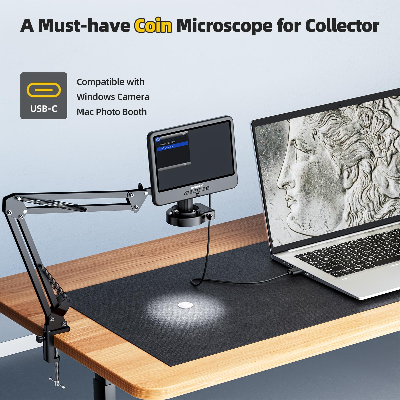 LINKMICRO LM109A 10.1'' LCD Digital Microscope with Screen for Adults, Soldering Electronics Microscope [Flex Arm Stand] 260X Full View Error Coins Camera Magnifier with 56 LED Ring Light, PC View