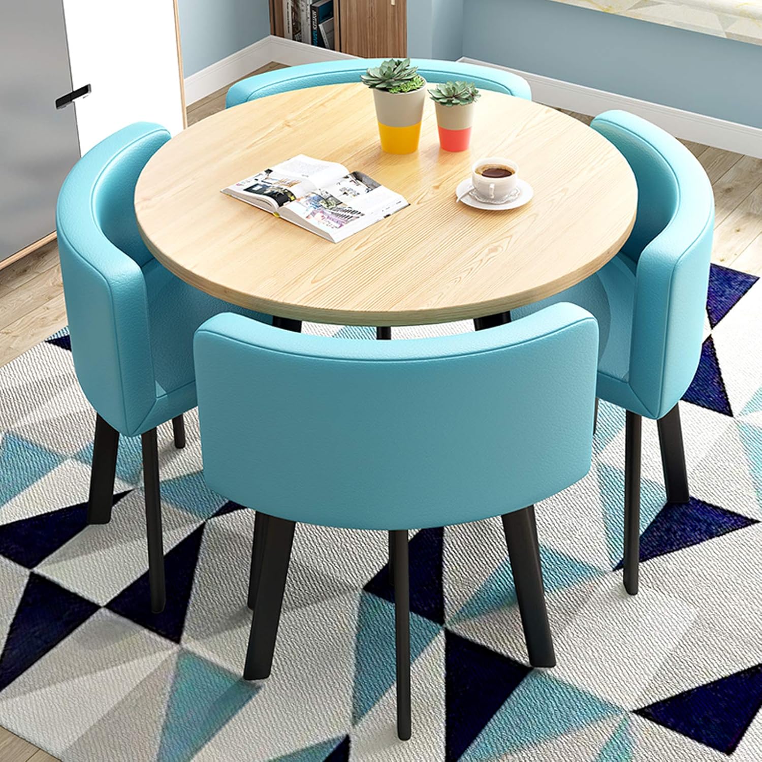 GYZ Kitchen & Dining Room Sets Table 5-Pieces with 4 Leather Chairs for Office Meeting Room Lounge Coffee Shop Dining Table Set, Wood Table/Blue PU Chairs