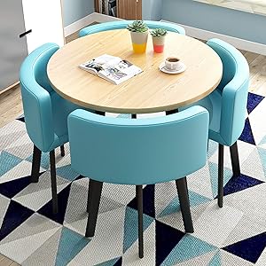 GYZ Kitchen & Dining Room Sets Table 5-Pieces with 4 Leather Chairs for Office Meeting Room Lounge Coffee Shop Dining Table Set, Wood Table/Blue PU Chairs