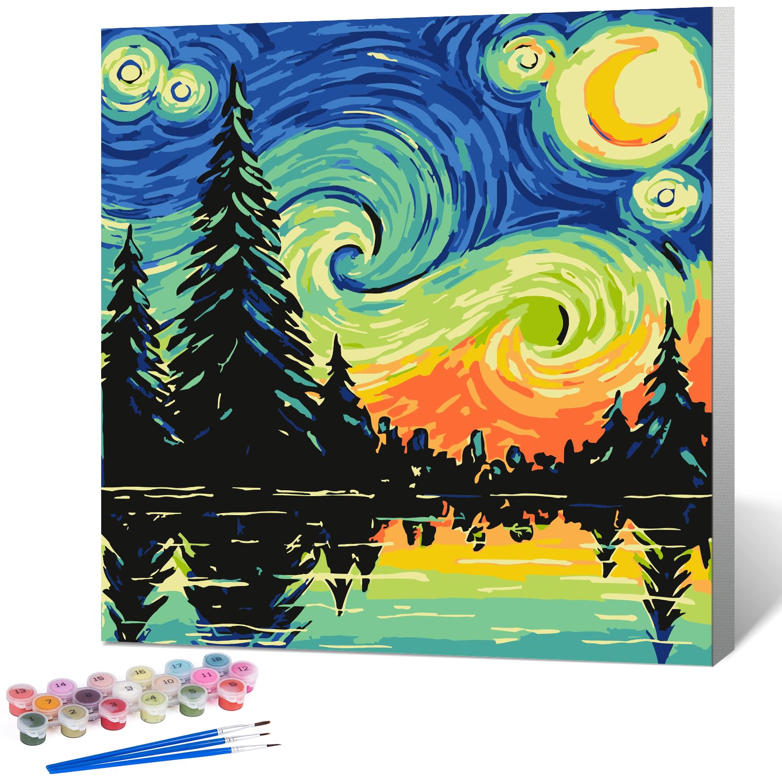 Photo 1 of Framed Paint by Numbers Kit for Adults Beginner & Kids Ages 8-12, Forest Paint by Number with Frame, Easy Acrylic Starry Sky Painting by Numbers Kit on Canvas 10x10 inch