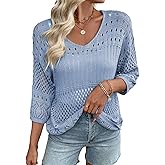 EVALESS Womens Lightweight Sweaters Crochet Hollow Out Knit Tops 3/4 Sleeve Beach Vacation Clothes for Women Trendy 2026