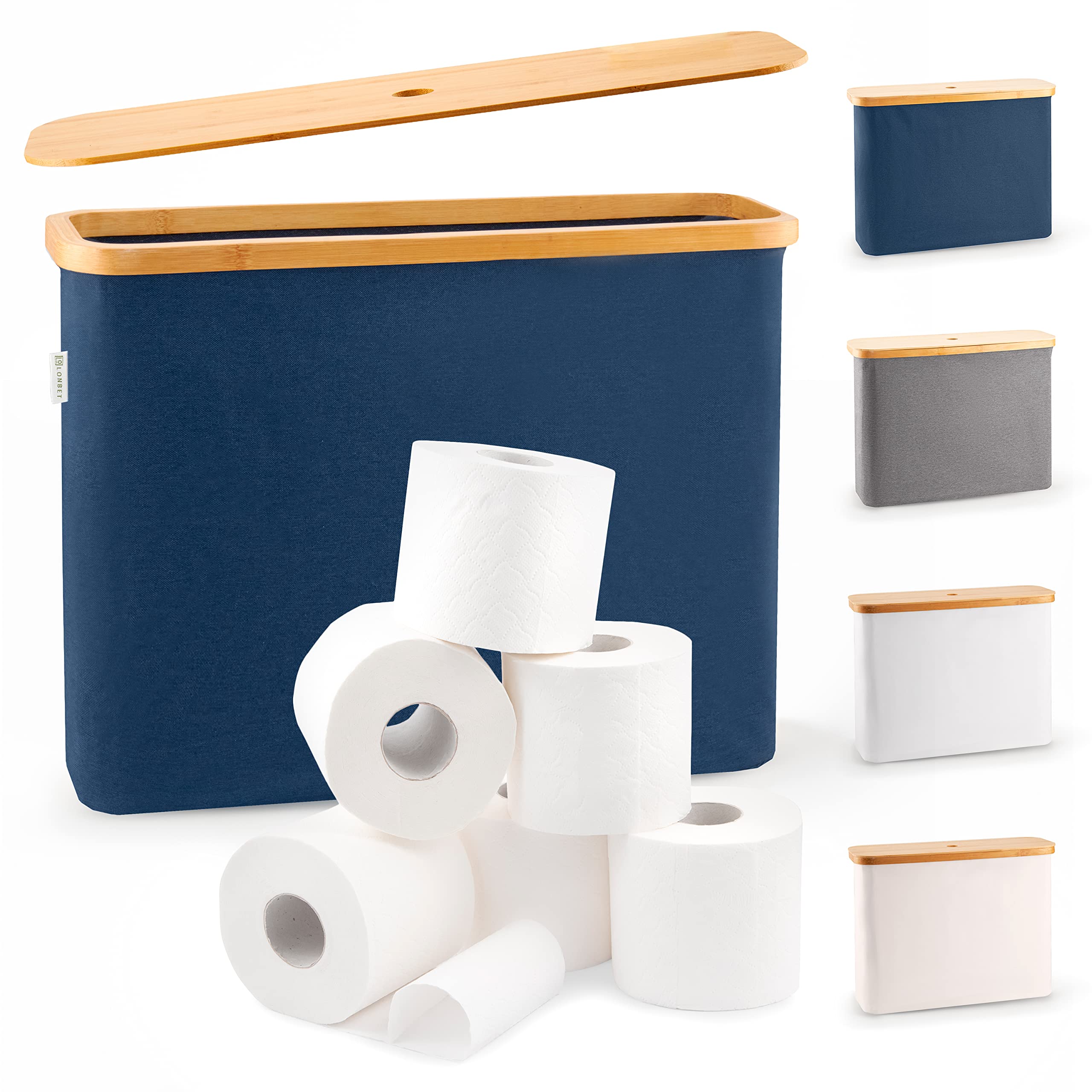 LONBET Toilet Roll Storage for 12 Rolls, Stackable & Foldable - The Ultimate Bathroom Organizer - Waterproof Toilet Paper Storage with Bamboo Lid - Elegant Toilet Roll Basket, Blue — image 1