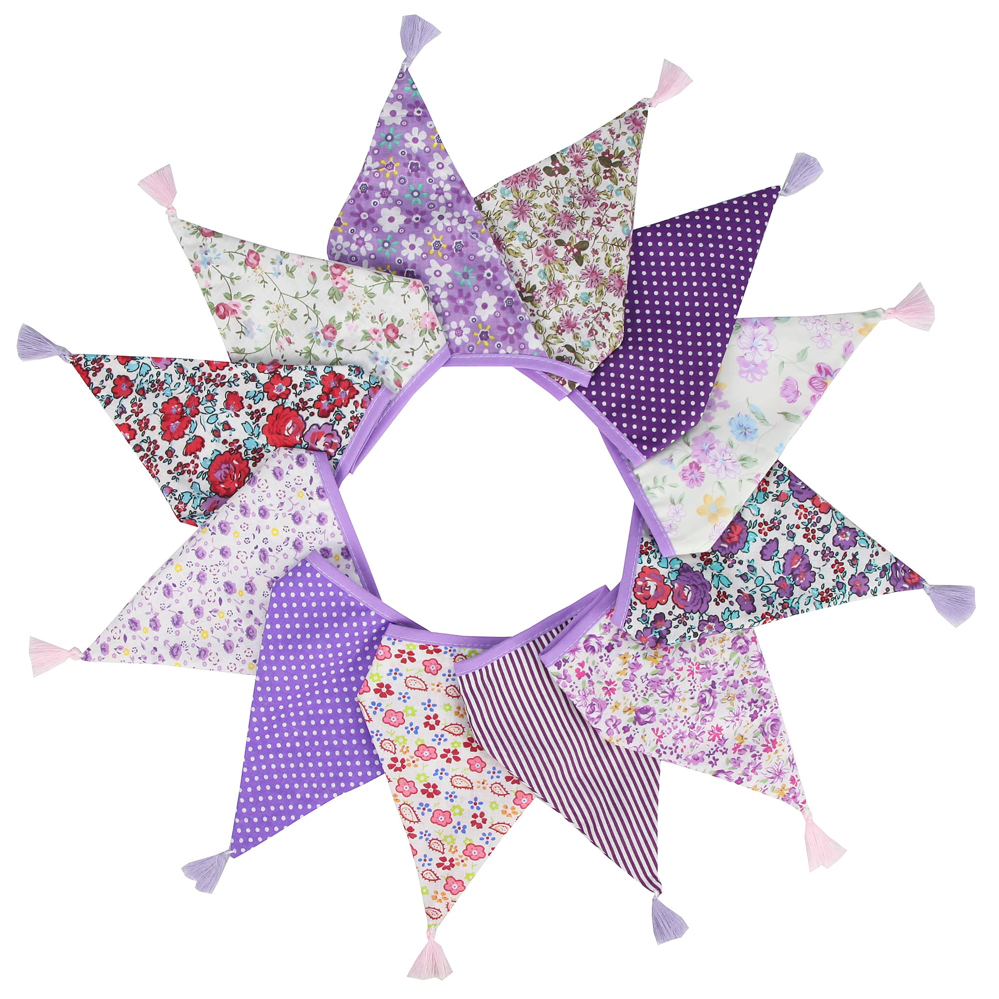 G2PLUS Fabric Bunting Banner with Tassel, 3.3M Double Sided Cotton Tassel Banner with 12 Purple Triangle Pennants, Vintage Cloth Garlands for Nursery Bedroom Playhouse Decoration