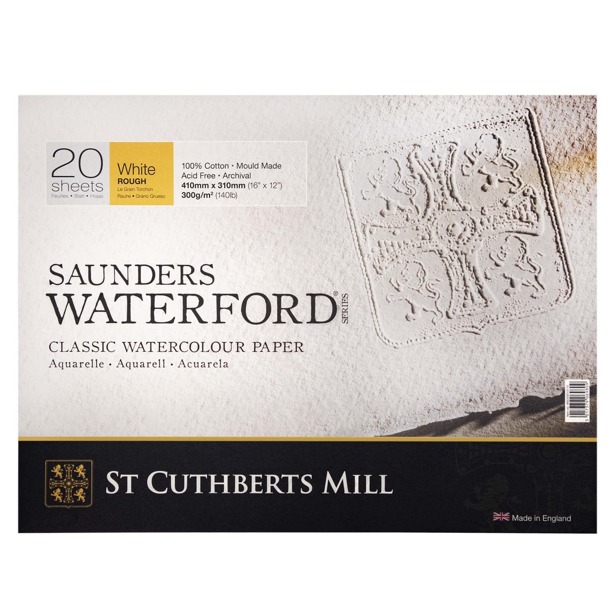 Saunders Waterford ST CUTHBERTS MILL, Fine Art Watercolor Paper, Cold Pressed (NO), 300gsm, 4-Sided Glued Pad, 16x12, White, 12 Sheets