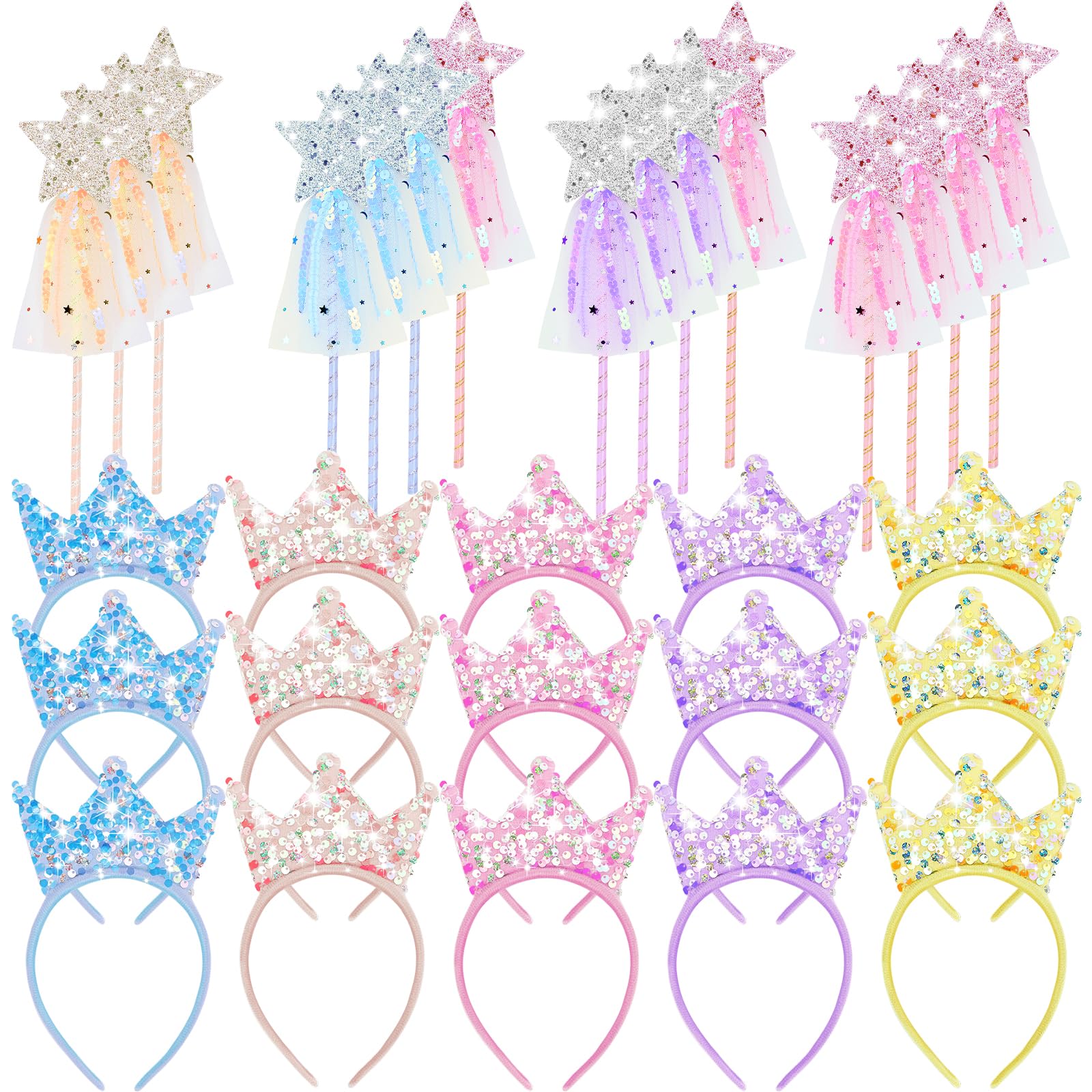 HFZCV 30 Pcs Princess Wands Party Favors Glitter Angel Wand Sticks Star Fairy Wizard Wands Accessories Sequin Princess Crown Headbands for Birthday Party Decor Gifts Supplies