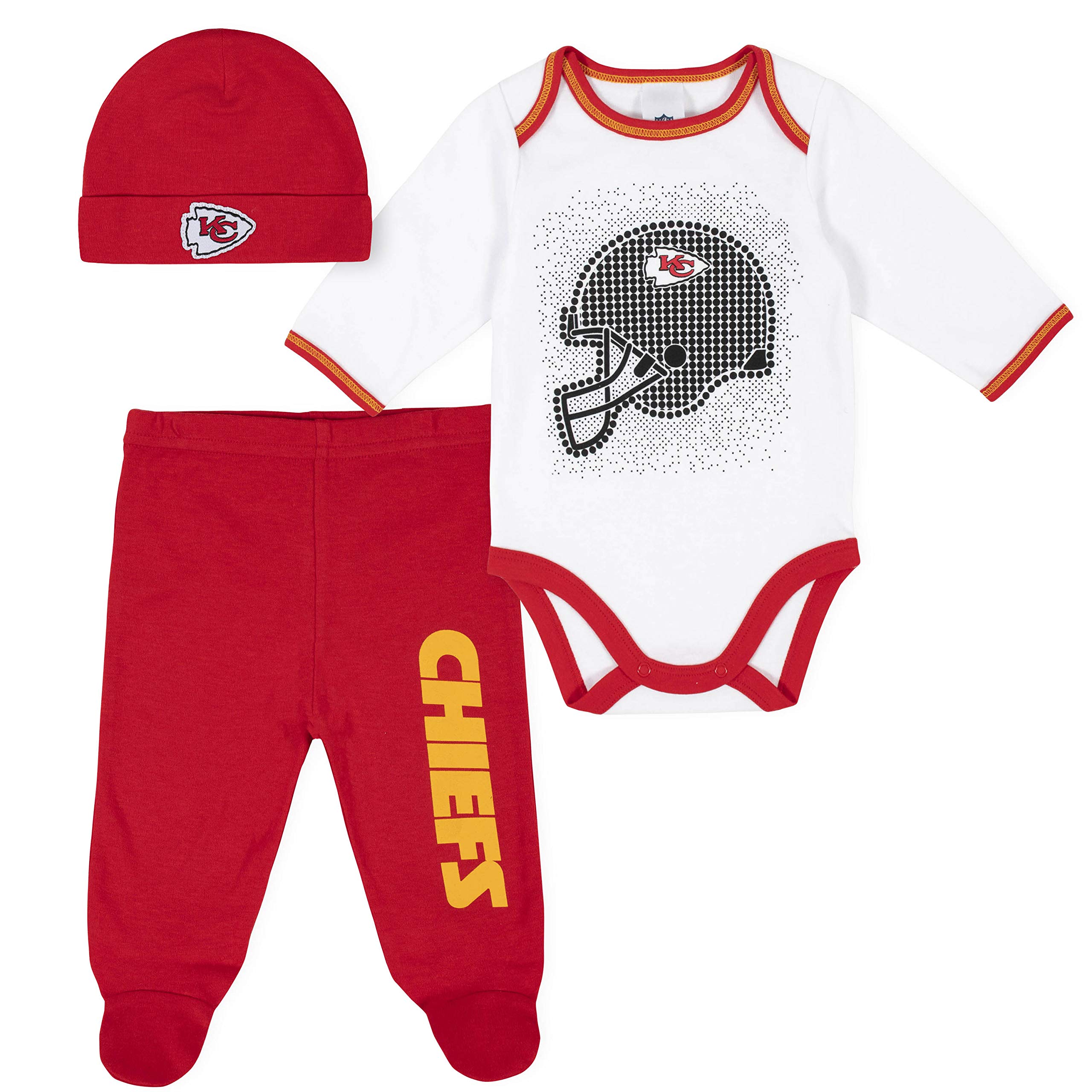 Gerber NFL Kansas City Chiefs 3 Pack Bodysuit Footed Pant and Cap Registry Gift Set, red/white Kansas City Chiefs, 6-9M Image