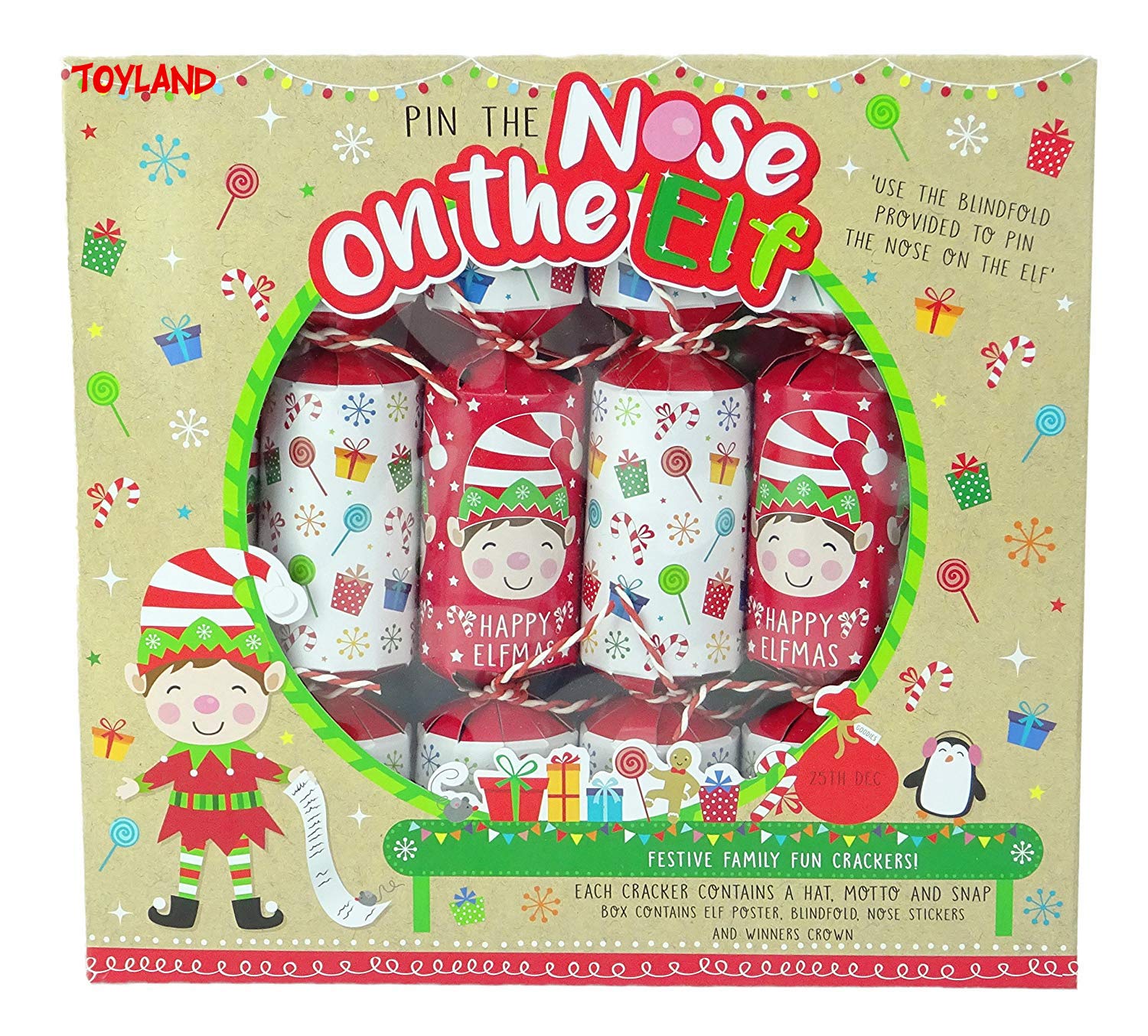 Toyland® Pack Of 6 - Pin The Nose On The Elf Game Christmas Crackers - Novelty Christmas Crackers