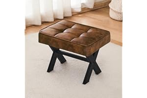 LUE BONA Foot Stool, 12" H Small Foot Stools Ottoman, Sturdy Faux Leather Footstool with Metal X-Leg, Padded Foot Rest Step Stool Extra Seating for Living Room, Entryway, Office, Yellowish Brown