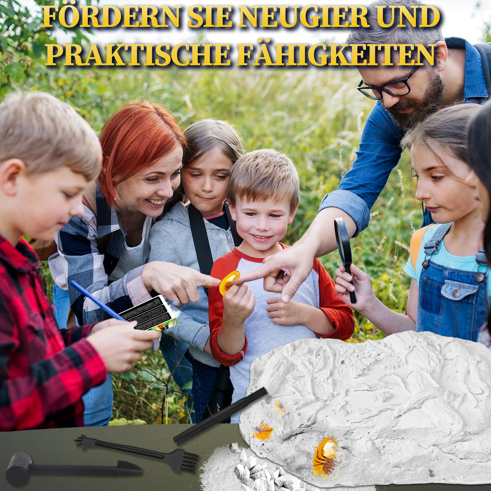 Bernstein Ausgrabungsset für Kinder ab 6 7 8 9 10 11 12 Jahren, Fossilien Ausgrabungsset Kinder mit 7 Künstliche Insektenfossilien und Ausgrabungszubehör, Edelsteine Ausgraben für Jungen Mädchen 6