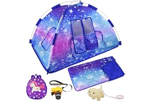Ecore Fun 5 Items 18 inch Dolls Camping Tent Set and Accessories Including Girl Doll Tent, Sleeping Bag, Backpack, Toy Camera and Dog