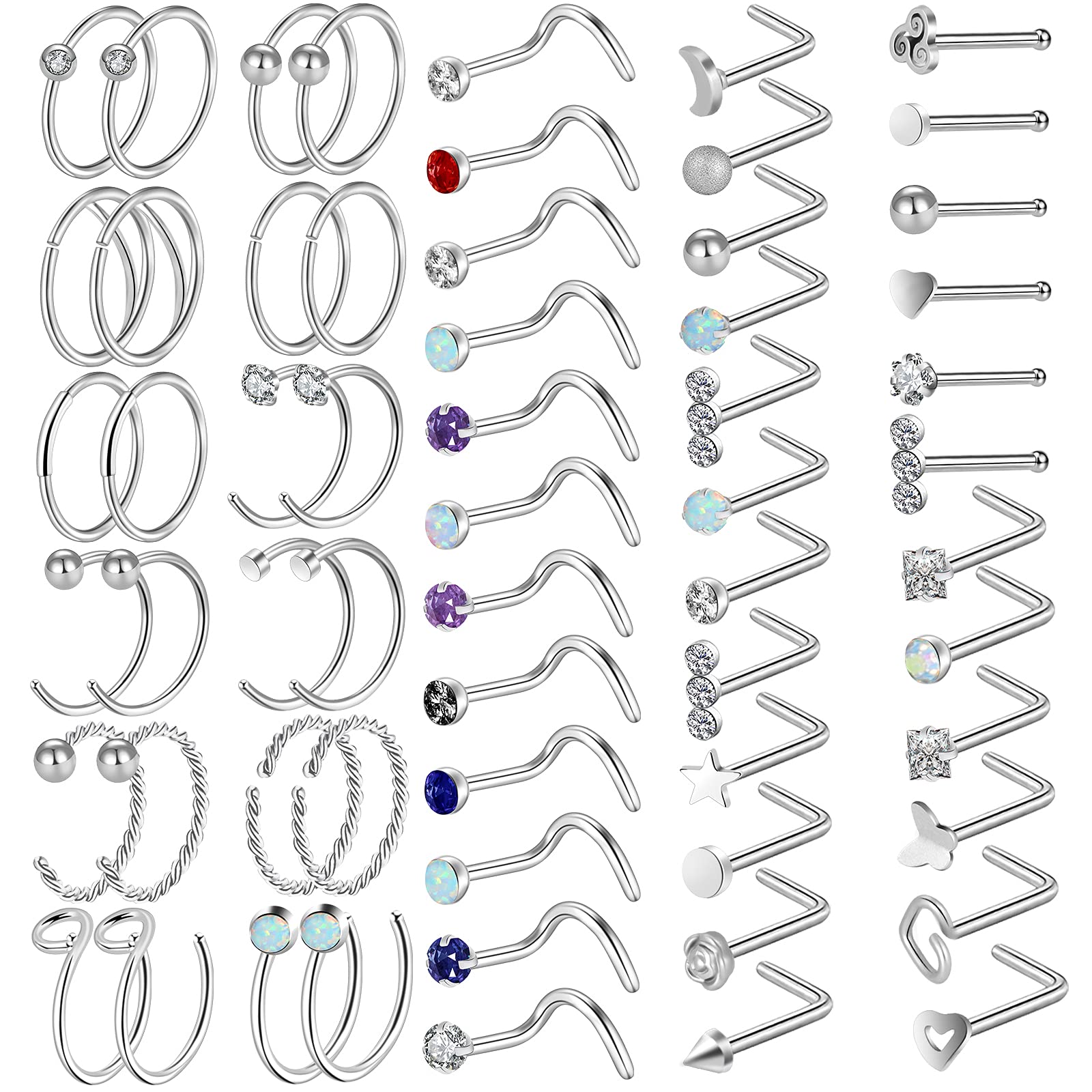 Hicdaw 60 PCS 20G Nose Jewellery for Women Nose Ring Sterling Silver Nose Stufs Nose Hoop Ring Stainless Steel Nose Ring Nose Hoop Rings Nose Piercings Jewelry Gift for Women Girls