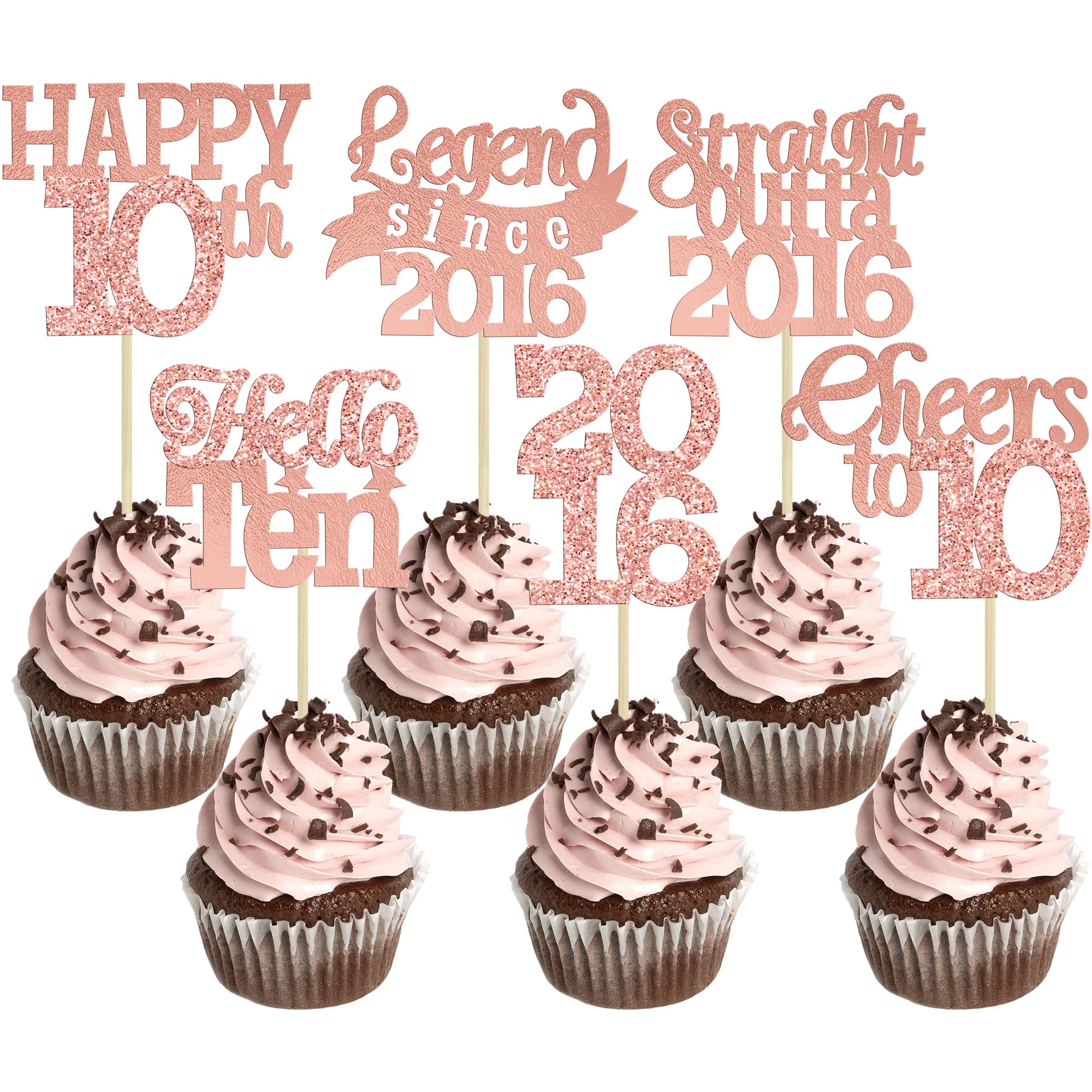 Gyufise 24Pcs Happy 10th Birthday Cupcake Toppers Hello Ten Legend Since 2016 Cupcake Picks Cheers to 10 Years Cake Decorations for 10th Birthday Anniversary Party Supplies Rose Gold