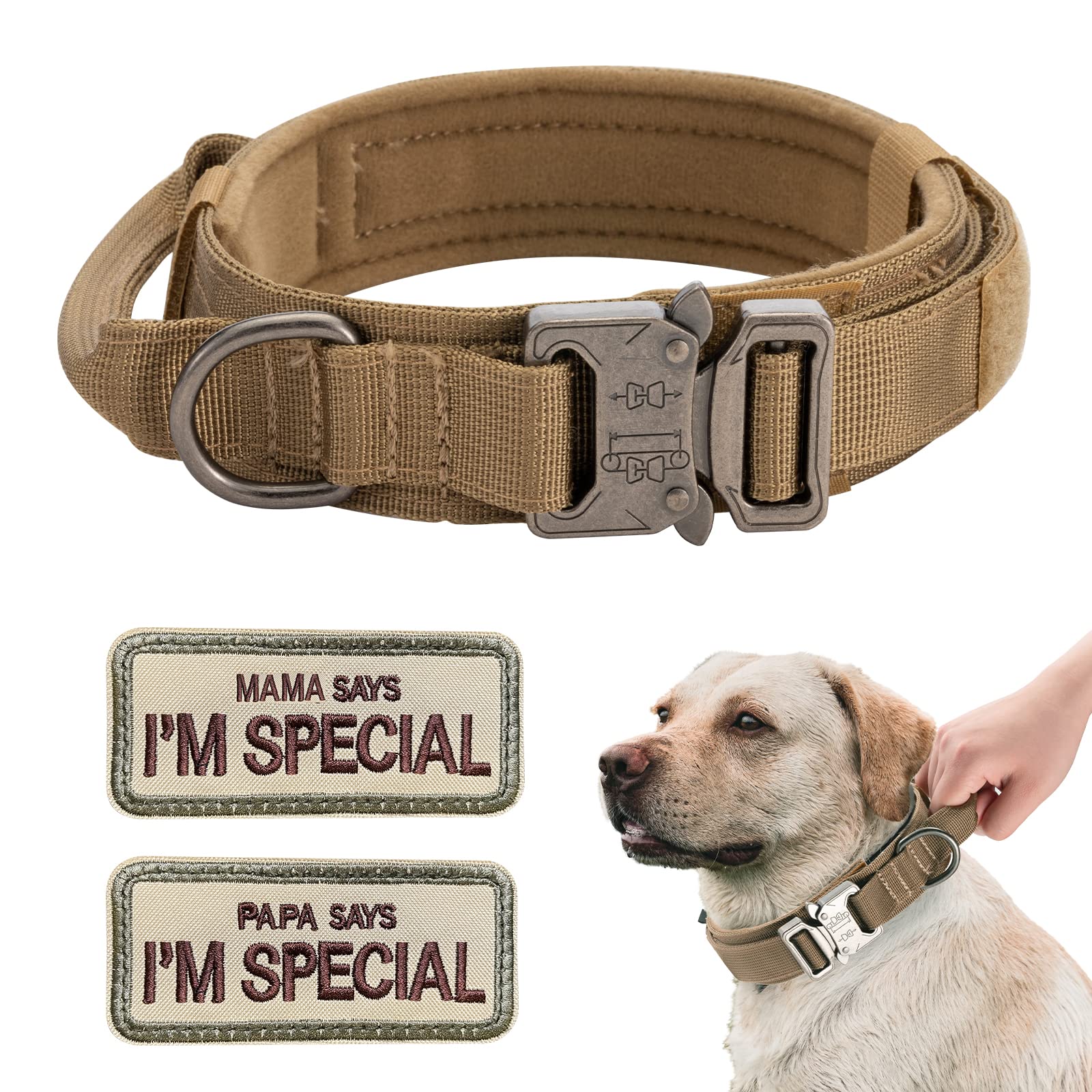 Eeyfarog Tactical Dog Collar for Large, Medium Dog, Military Dog Collar Heavy Duty With 2 Patch, M （14"-18.5"),Brown
