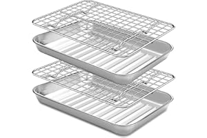 Baking Sheet with Cooling Rack Set(2 Baking Pans+2 Wire Racks), Terlulu Small Stainless Steel Cookie Sheet with Bacing Rack, Heavy Eighth Sheet Pan for Oven Cooking, Warp Resistant, 9.3 x 7 x 1 Inch