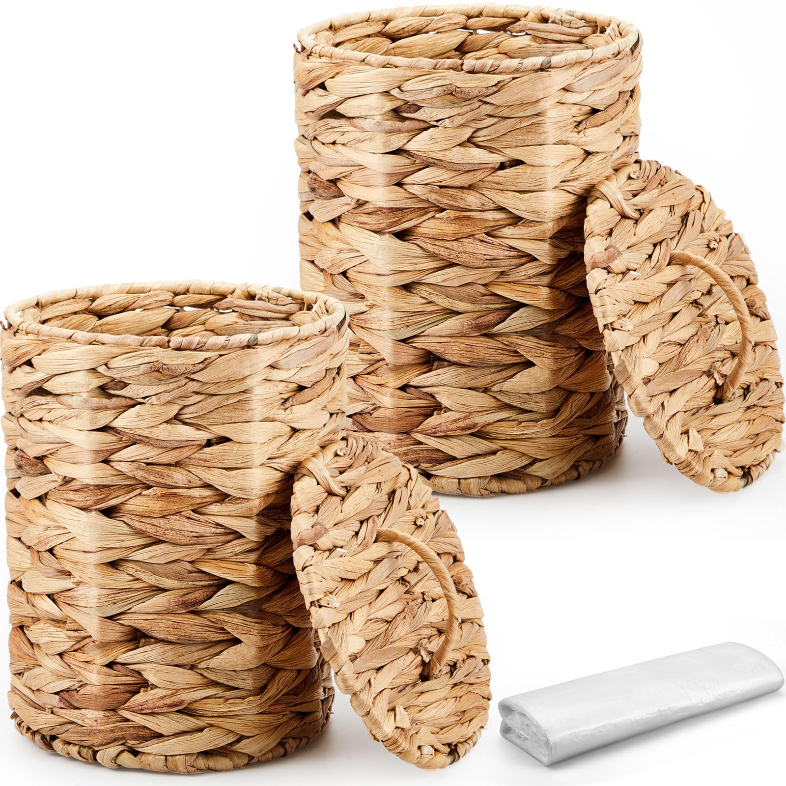 Photo 1 of Ctosree 2 Pcs Wicker Trash Can Basket Woven Waste Basket with Lid Bathroom Wastebasket Garbage Bin with 100 Pieces of Trash Bags for Bedroom Farmhouse Home Office Kitchen(Brown, Small)