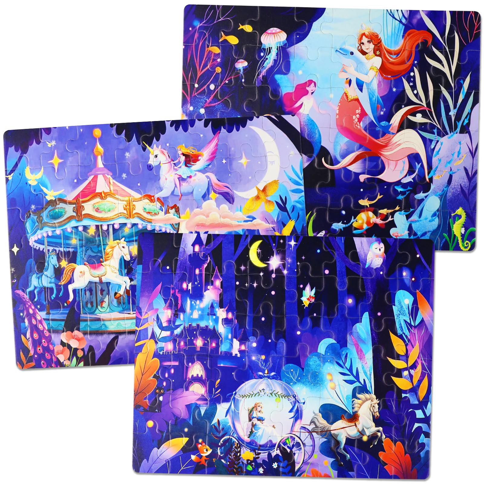 Puzzles for Girls 5 6 7 8 Princess Themes(Carousel/Unicorn/Mermaid, 3 * 48PCS), Magnetic Puzzles for 5-8 Year Olds Girls, 5 6 7 8 Years Old Gilr Gifts, Travel Activities for Children