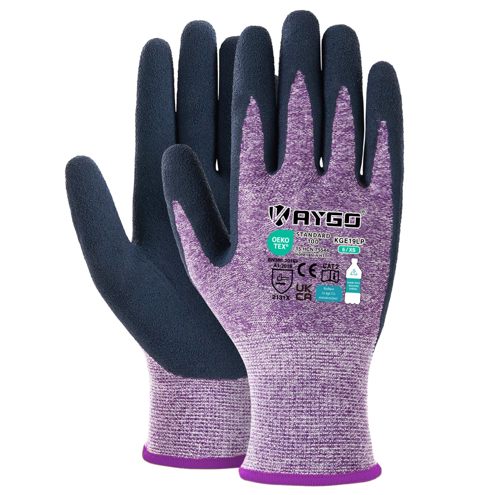 KAYGO Latex Coated Work Gloves for Women Breathable, 3 Pairs Recycled Polyester Gardening Gloves, Eco Friendly Safety Yard Work Gloves for Ladies, KGE19L (Purple, X-Small)