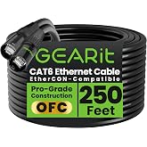 GEARit Shielded CAT6 Ethercon Cable 250ft Black EtherCON-Compatible | Locking EtherCON-Style Connectors, Oxygen-Free Copper, Aluminum Shielding, 10Gbps, Stage Lighting Digital Snake Studio