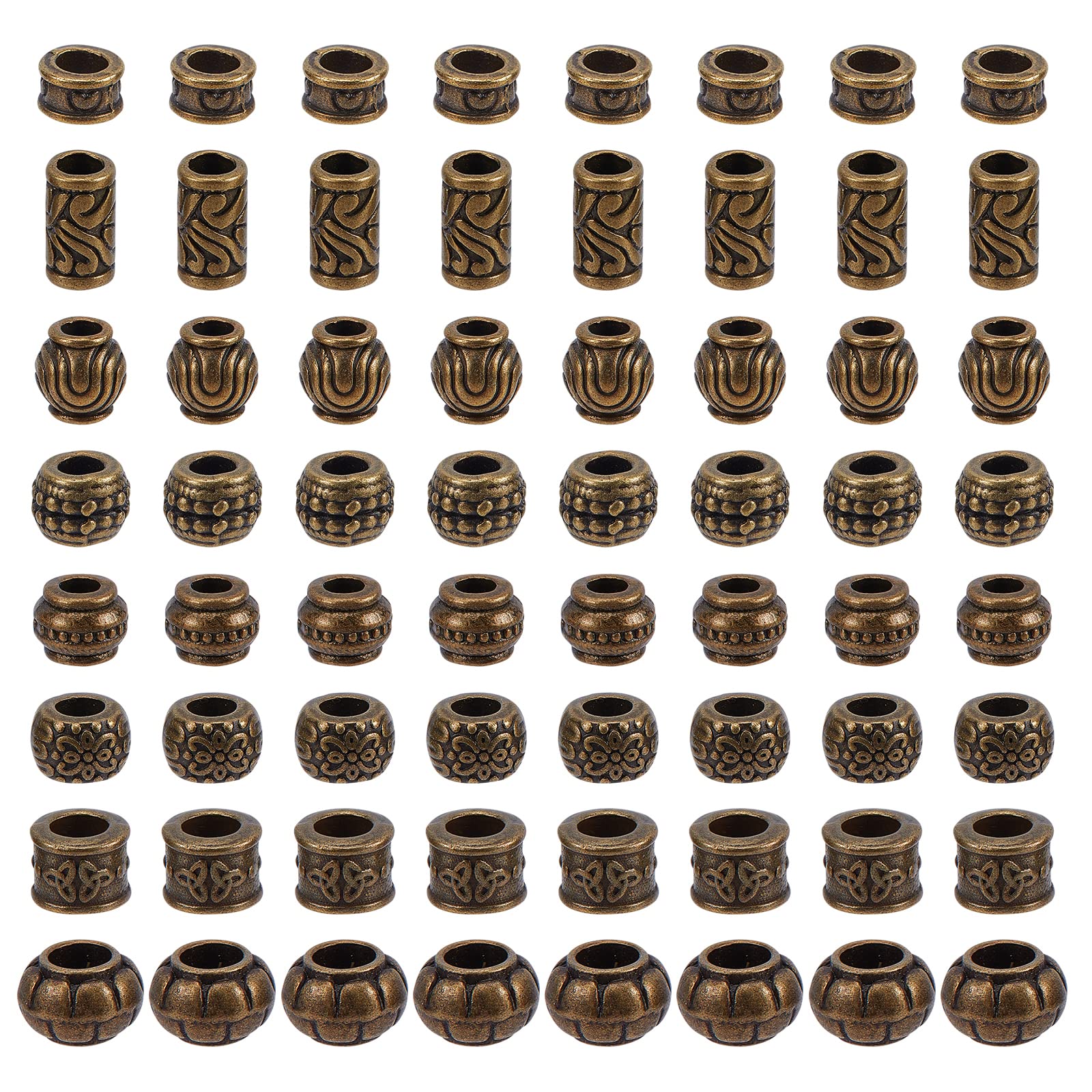 NBEADS 80 Pcs 8 Styles Alloy European Beads, Antique Tibetan Bronze Spacer Beads Charm Large Hole Chains Beads for DIY Jewelry Making, Hole: 5.5mm